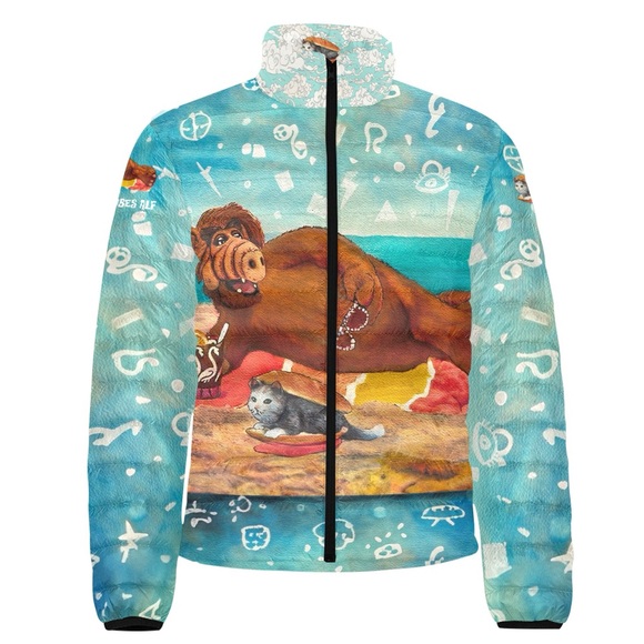 Vacation Vibes ALF (with Cat Sandwich) Retro Puffer - Alien Life Form Art Jacket - Picture 4 of 7